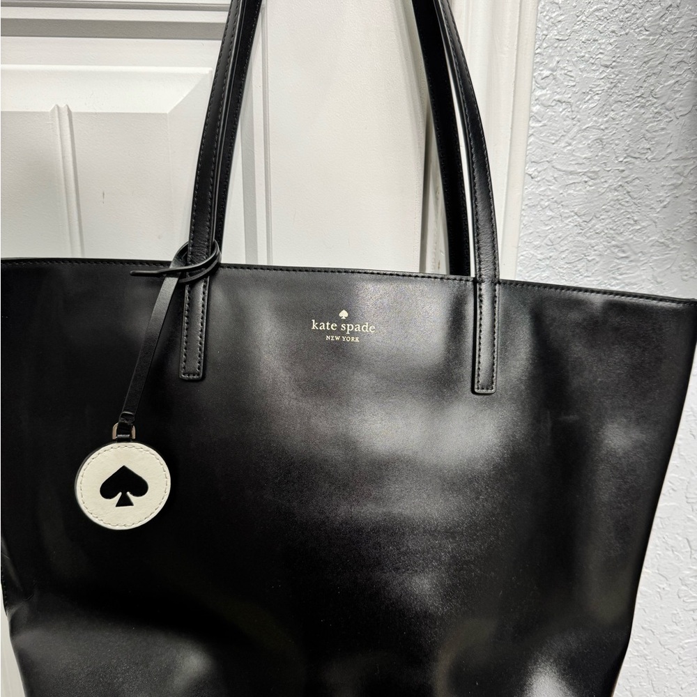 kate spade Black Leather Tote with Spade Charm